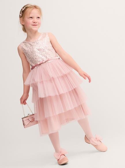 Monsoon Kids' Elodie Sleeveless Sequin Pleated Dress, Pale Pink, Pale Pink