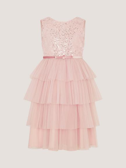 Monsoon Kids' Elodie Sleeveless Sequin Pleated Dress, Pale Pink - view 2, Pale Pink