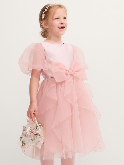 Monsoon Kids' Raphela Puff Sleeve Tulle Dress, Pink, Pink