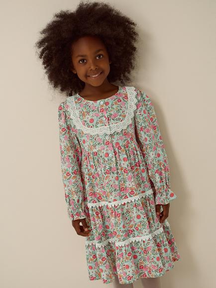 Monsoon Kids' Solstice Print Tiered Dress, Green, Green