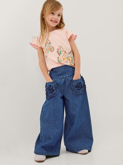 Monsoon Kids' Scallop Wide Leg Chambray Trousers, Blue, Blue
