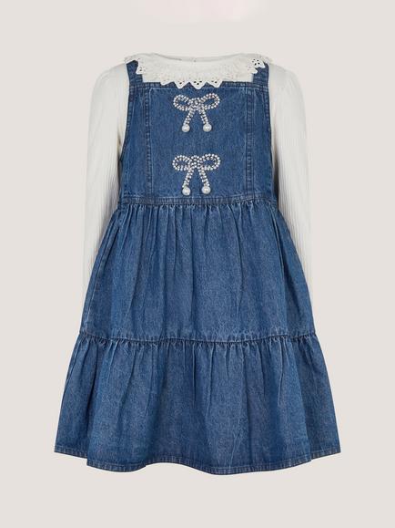 Monsoon Kids' Denim Pinafore Dress and Top Set, Blue - view 2, Blue