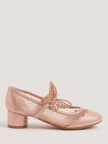 Monsoon Kids' Butterfly Polka Dot Mesh Heeled Shoes, Rose Gold, Rose Gold