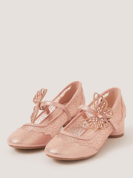 Monsoon Kids' Butterfly Polka Dot Mesh Heeled Shoes, Rose Gold - view 2, Rose Gold