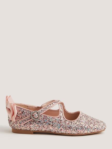 Monsoon Kids' Glitter Bow Mary Jane Ballet Flats, Pink, Pink