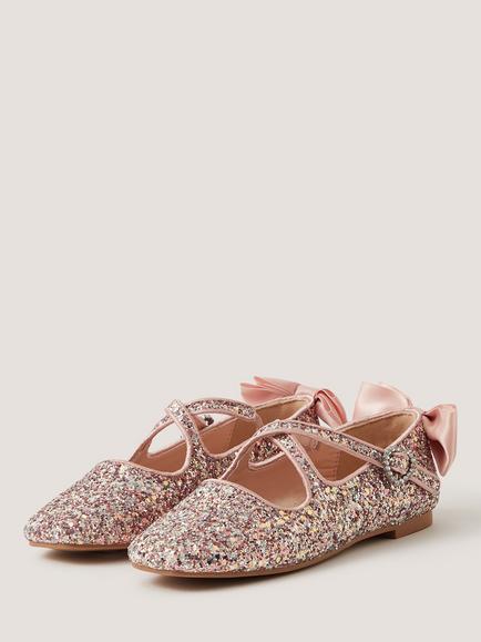 Monsoon Kids' Glitter Bow Mary Jane Ballet Flats, Pink - view 2, Pink