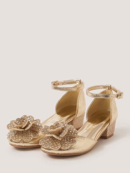 Monsoon Kids' Embellished Flower Two Part Heeled Shoes, Gold - view 2, Gold