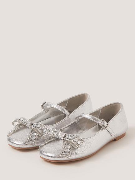 Monsoon Kids' Gemstone Bow Ballet Flat Shoes, Silver - view 2, Silver