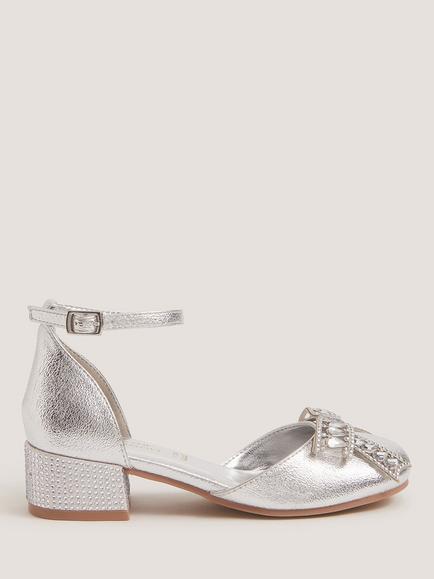 Monsoon Kids' Gemstone Bow Two Part Heeled Shoes, Silver, Silver