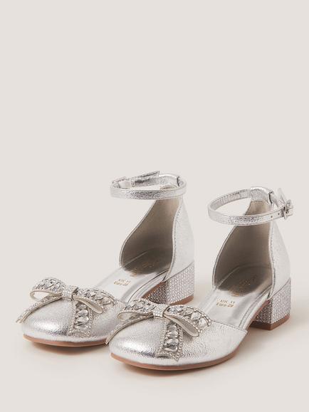 Monsoon Kids' Gemstone Bow Two Part Heeled Shoes, Silver - view 2, Silver