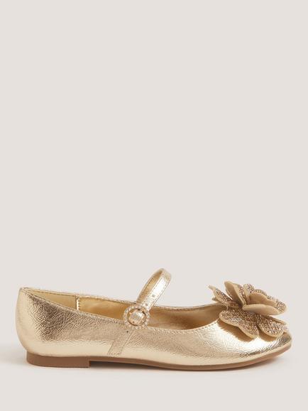 Monsoon Kids' Rhinestone Flower Mary Jane Ballet Flat Shoes, Gold, Gold