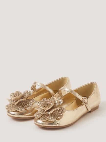 Monsoon Kids' Rhinestone Flower Mary Jane Ballet Flat Shoes, Gold - view 2, Gold