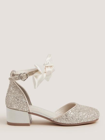 Monsoon Kids' Sara Bow Glitter Two-Part Heeled Shoes, Ivory, Ivory