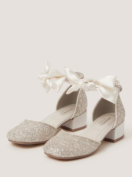 Monsoon Kids' Sara Bow Glitter Two-Part Heeled Shoes, Ivory - view 2, Ivory