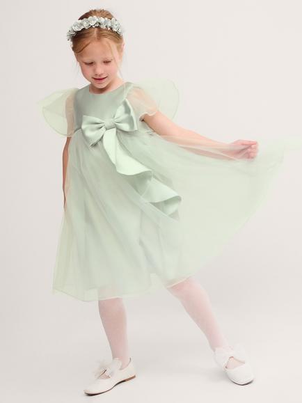 Monsoon Kids' Winnie Satin Bow Tulle Dress, Sage, Sage