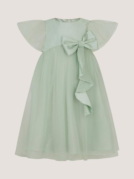 Monsoon Kids' Winnie Satin Bow Tulle Dress, Sage - view 2, Sage