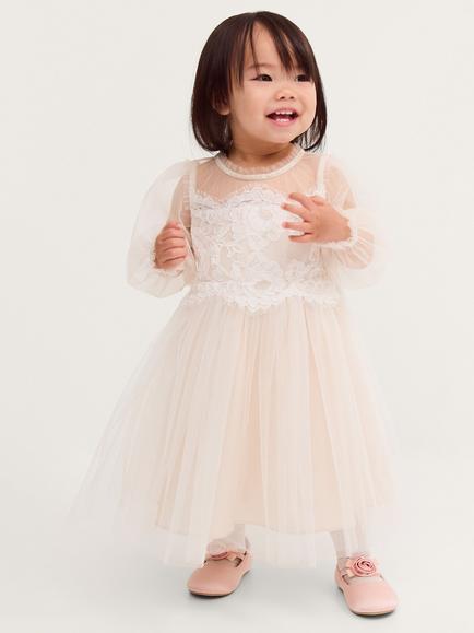 Monsoon Baby Paige Blouson Sleeve Mesh Dress, Warm Ivory, Warm Ivory