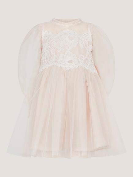 Monsoon Baby Paige Blouson Sleeve Mesh Dress, Warm Ivory - view 2, Warm Ivory