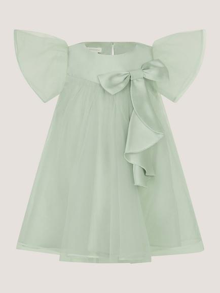 Monsoon Baby Winnie Satin Bow Tulle Dress, Sage - view 2, Sage