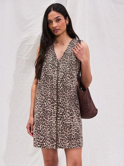 Ro&Zo Leopard Print Sleeveless Zip Through Dress, Brown - view 2, Brown