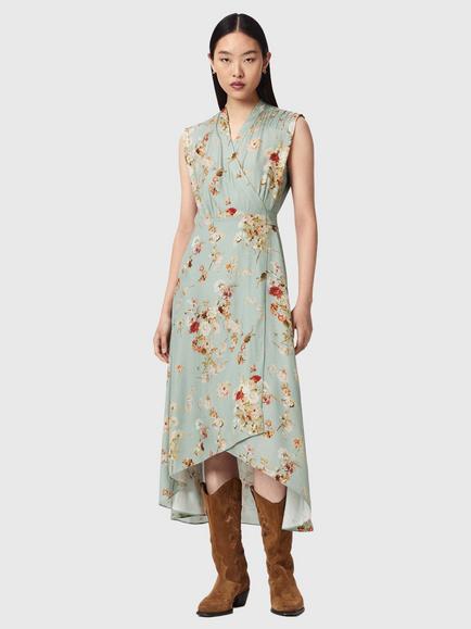AllSaints Mira Silk Blend Floral Print Dress, Blue Mid, Blue Mid
