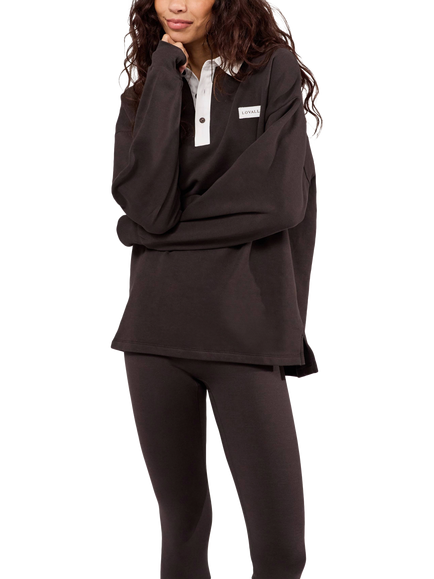 Lovall Cotton Oversized Draped Polo Top, Black Coffee, Black Coffee