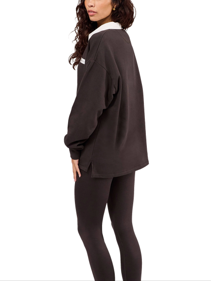 Lovall Cotton Oversized Draped Polo Top, Black Coffee - view 2, Black Coffee