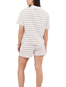 Lovall Striped Polo Top and Shorts Pyjama Set, Stone - view 2, Stone