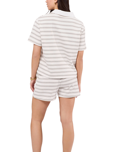 Lovall Striped Polo Top and Shorts Pyjama Set, Stone - view 2, Stone