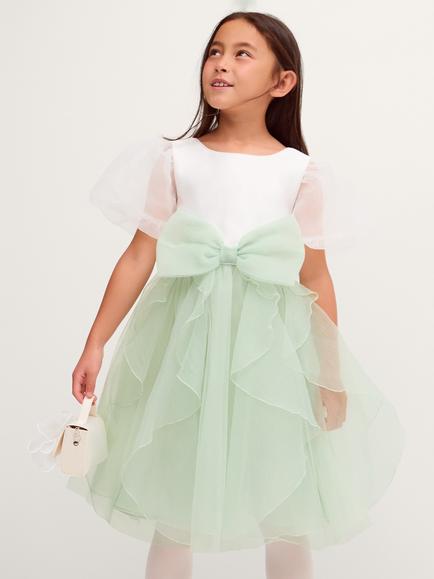 Monsoon Kids' Raphela Puff Sleeve Ruffle Dress, Sage, Sage