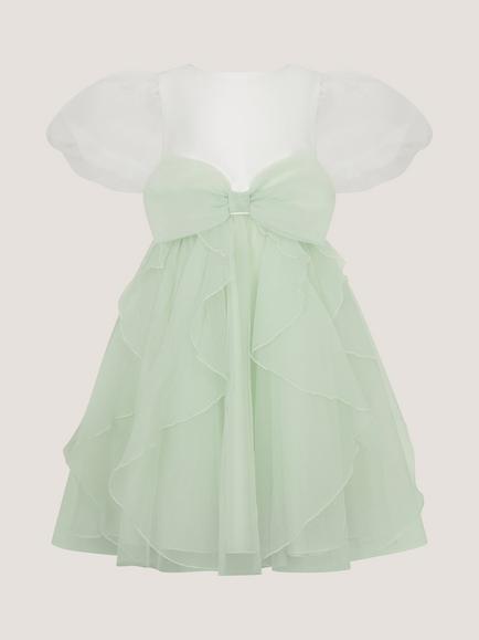 Monsoon Kids' Raphela Puff Sleeve Ruffle Dress, Sage - view 2, Sage
