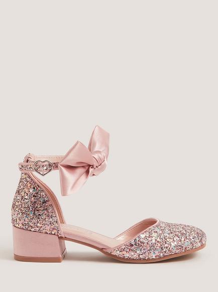 Monsoon Kids' Sara Bow Glitter Two-Part Heeled Shoes, Pink, Pink