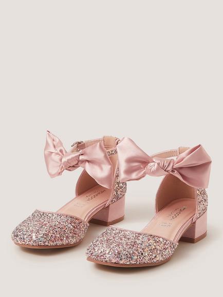 Monsoon Kids' Sara Bow Glitter Two-Part Heeled Shoes, Pink - view 2, Pink