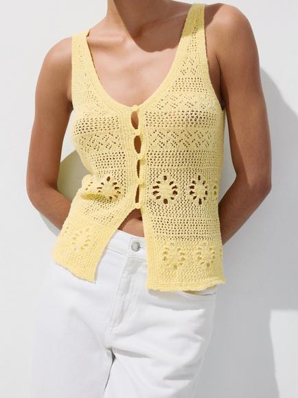 Mango Cotton Sleeveless Crochet Cami, Yellow
