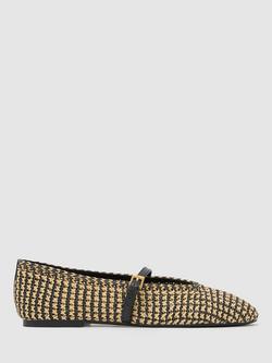 Reiss Davina Raffia Effect Stripe Ballerina Pumps, Natural/Black, Natural/Black