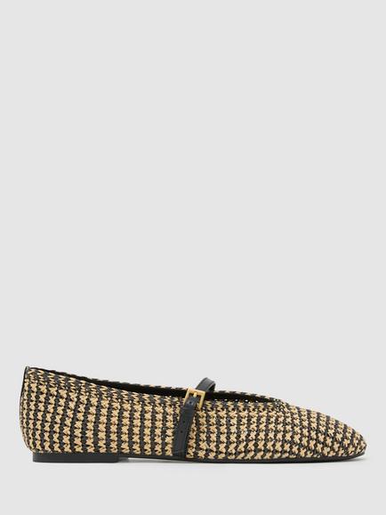 Reiss Davina Raffia Effect Stripe Ballerina Pumps, Natural/Black, Natural/Black