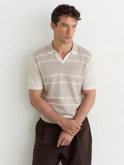 Reiss Miles Buttonless Stripe Wool Polo Shirt, Oatmeal/White, Oatmeal/White