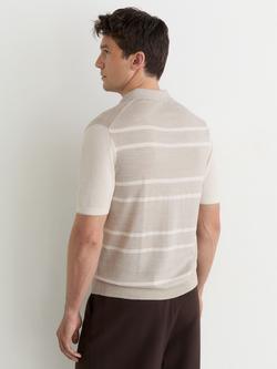 Reiss Miles Buttonless Stripe Wool Polo Shirt, Oatmeal/White - view 2, Oatmeal/White