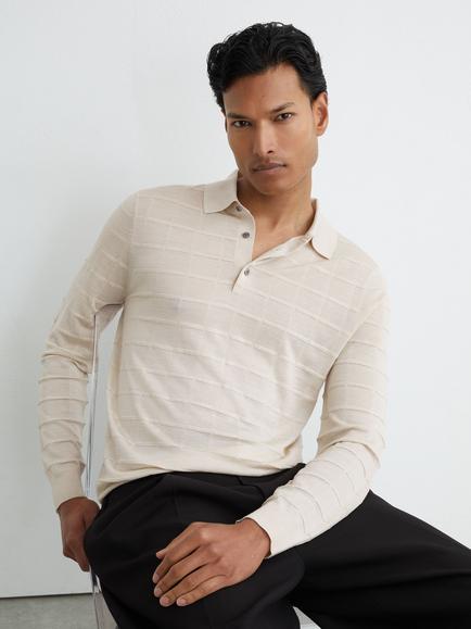 Reiss Pallas Check Texture Wool Blend Polo Jumper, Ecru - view 2, Ecru