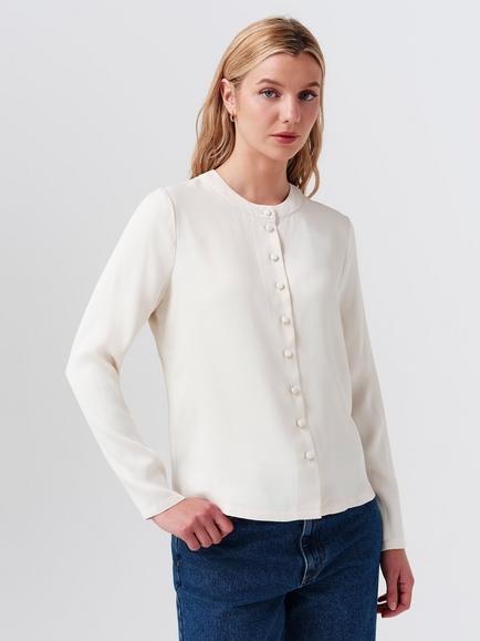 Ghost Efie Round Neck Button Down Satin Blouse, Ivory