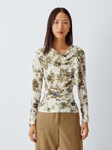 Marella Pere Floral Cowl Neck Blouse, Cream/Multi, Cream/Multi