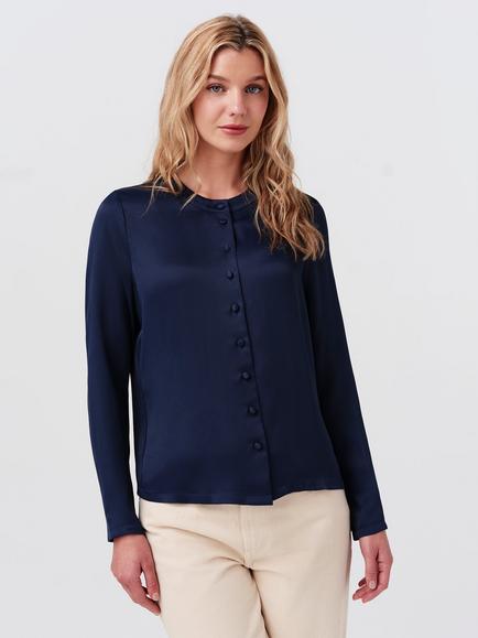 Ghost Efie Round Neck Button Down Satin Blouse, Navy