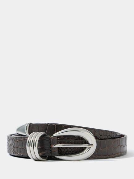 Mint Velvet Leather Croc Embossed Textured Belt, Dark Brown, Dark Brown