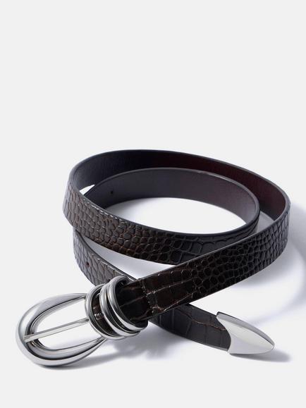 Mint Velvet Leather Croc Embossed Textured Belt, Dark Brown - view 2, Dark Brown