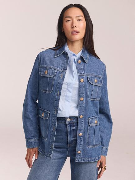 Mint Velvet Cinched Waist Cotton Denim Shacket, Blue - view 2, Blue