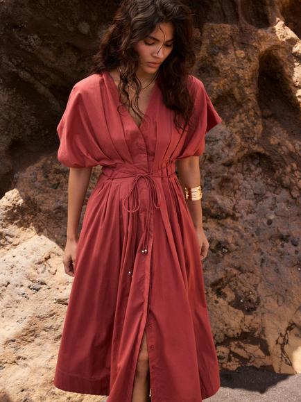 Mint Velvet Cotton Cinched Tie Waist Midi Dress, Brown Rust, Brown Rust