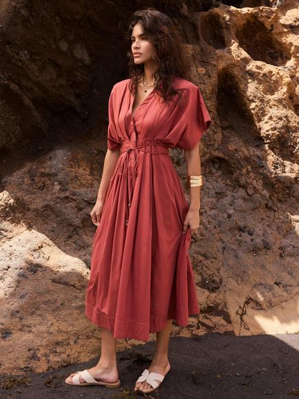 Mint Velvet Cotton Cinched Tie Waist Midi Dress, Brown Rust - view 2, Brown Rust