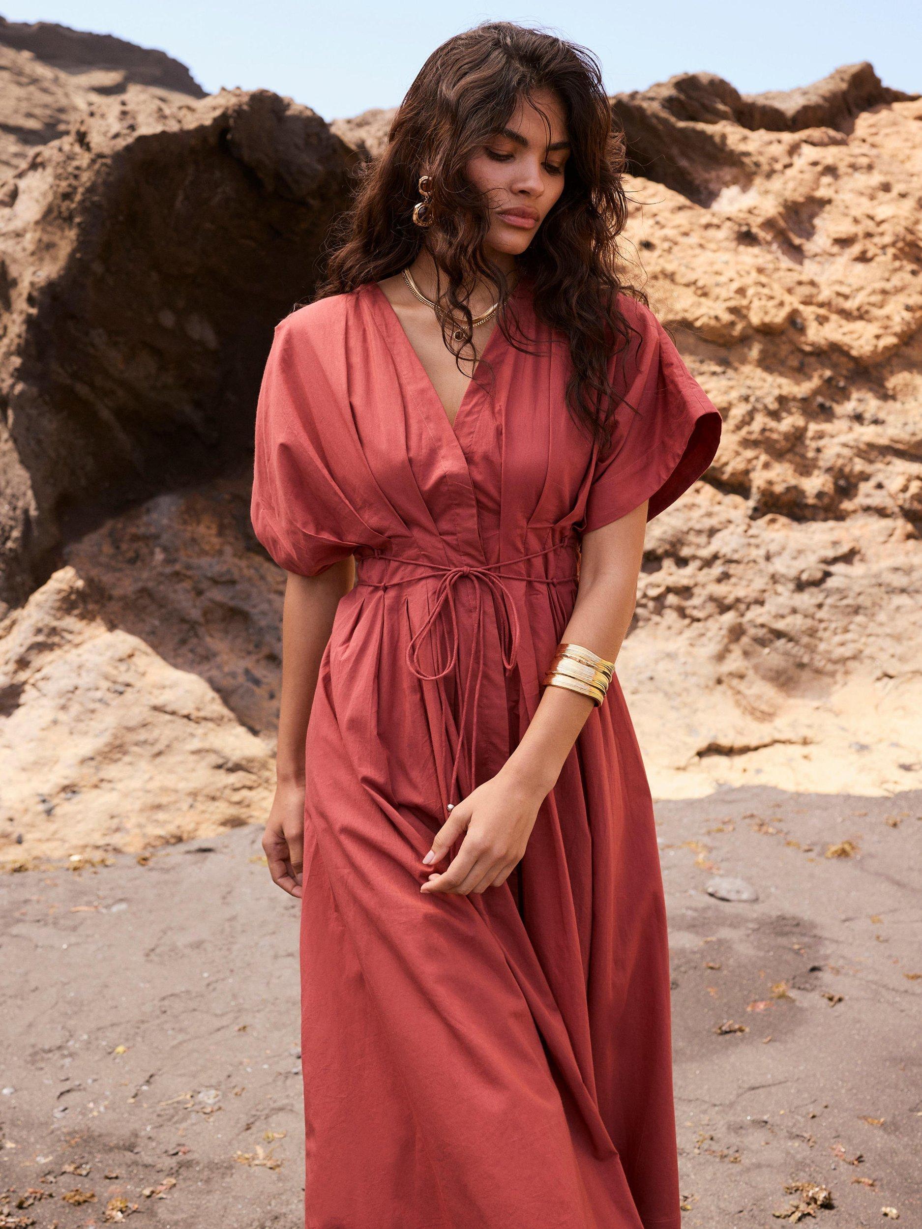 Mint Velvet Cotton Cinched Tie Waist Midi Dress, Brown Rust