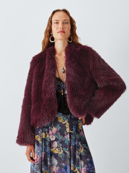 John Lewis x RIXO Peppi Faux Fur Jacket, Burgundy, Burgundy