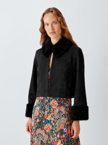 John Lewis x RIXO Luanne Faux Fur Trim Cropped Jacket, Black, Black